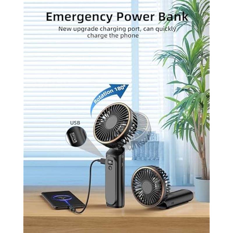 TUNISE Portable Handheld Fan, Portable Fan Rechargeable, 4000mAh, 180° Adjustable, 6 Speed Wind, Display Electricity in Real Time, USB Rechargeable Foldable Fan, Quiet Personal Fan with Power Bank