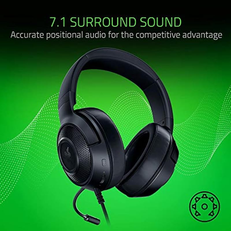 Razer Kraken X Ultralight Gaming Headset: 7.1 Surround Sound – Lightweight Aluminum Frame – Bendable Cardioid Microphone – for PC, PS4, PS5, Switch, Xbox One, Xbox Series X|S, Mobile – Black