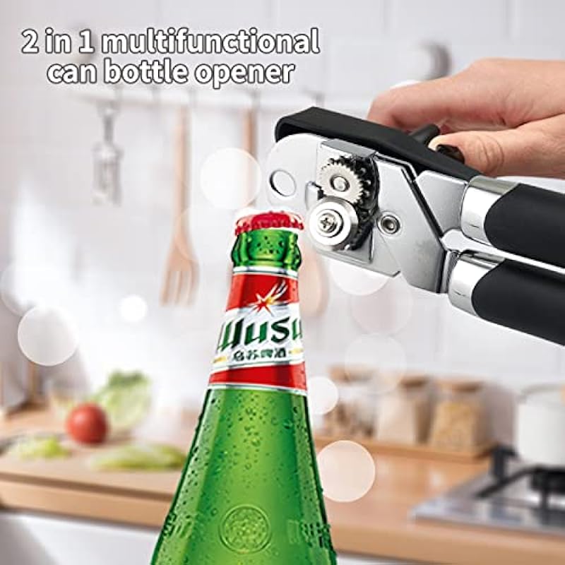 Can Opener Manual, Handheld Strong Heavy Duty Stainless Steel Can Opener, Comfortable Handle, Sharp Blade Smooth Edge, Can Openers with Multifunctional Bottle Opener