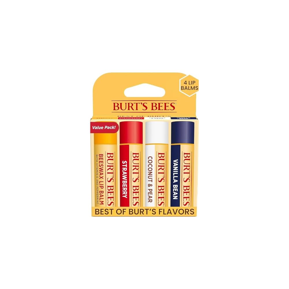 Burt’s Bees Beeswax, Strawberry, Coconut and Pear, and Vanilla Bean Lip Balm Pack, With Responsibly Sourced Beeswax, Tint-Free, Natural Lip Treatment, 4 Tubes, 0.15 oz.