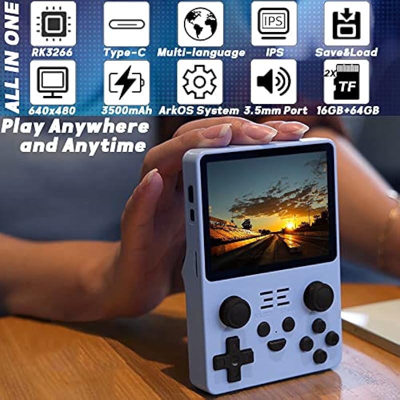 RGB20S Handheld Game Console 3.5 inch Retro Games Consoles Classic Emulator Hand-held Gaming Console Preinstalled Hand Held Video Games System 64GB Blue