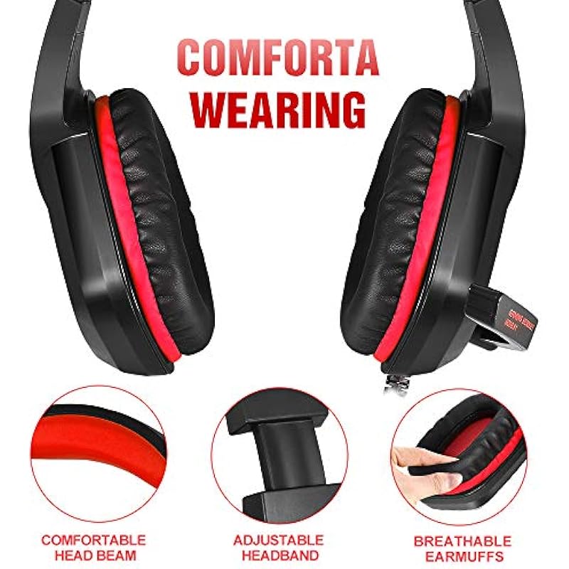 PHOINIKAS H1 Gaming Headset for PS4, Xbox One, PC, Laptop, Nintendo Switch with Bass Surround, Xbox One Headset with Noise-Cancelling Mic, Over Ear Headphones with LED Light, Gift for Kids – Red