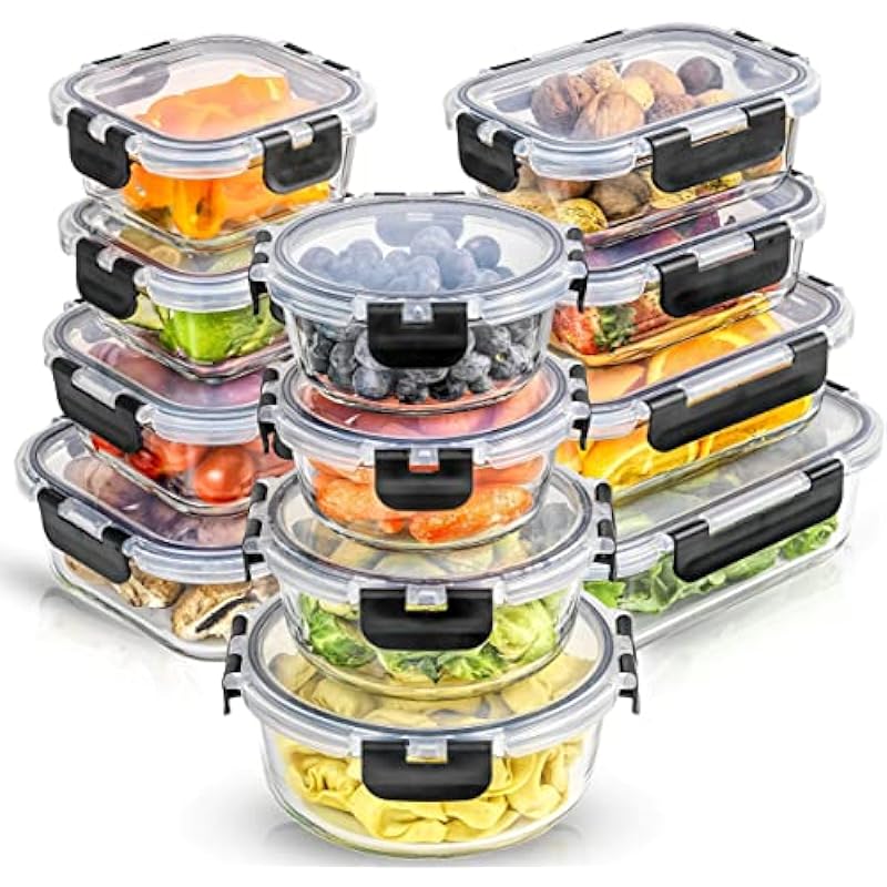 JoyJolt JoyFul 24pc(12 Airtight, Freezer Safe Food Storage Containers and 12 Lids), Pantry Kitchen Storage Containers, Glass Meal Prep Container for Lunch, Glass Storage Containers with Lids