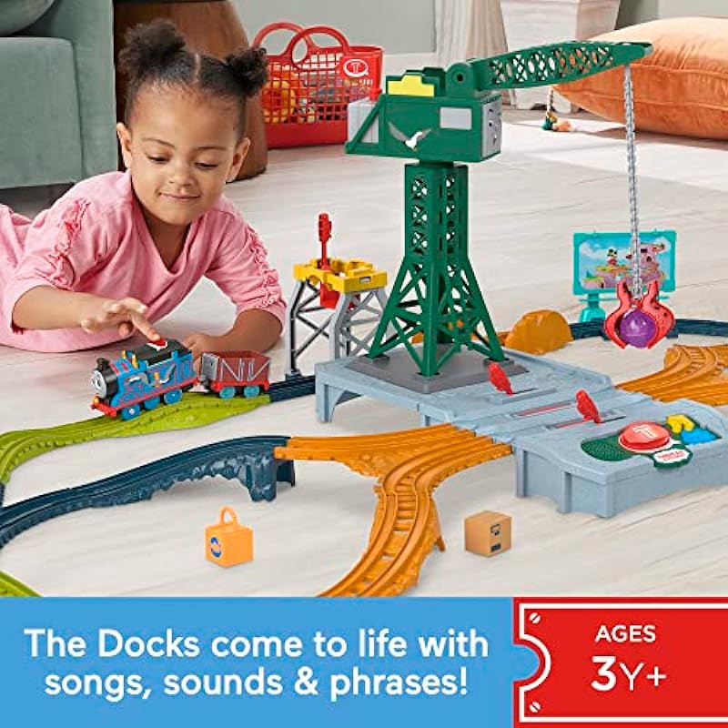 Thomas & Friends Motorized Train Set, Talking Cranky Delivery Set, Talking Crane & Battery Powered Toy Train with Songs & Sounds Medium