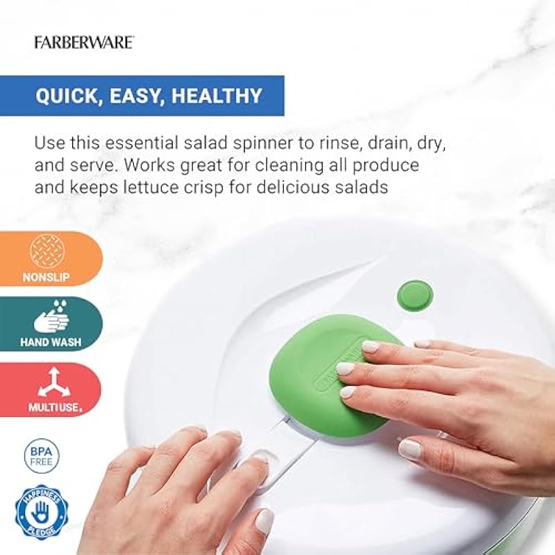 Farberware Easy to use pro Pump Spinner with Bowl, Colander and Built in draining System for Fresh, Crisp, Clean Salad and Produce, Large 6.6 quart, Green