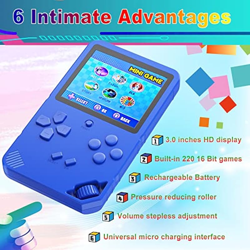 Handheld Game Console for Kids Preloaded 220 Classic Retro 16 Bit Games with 3.0” Color Display Rechargeable Arcade Gaming Player