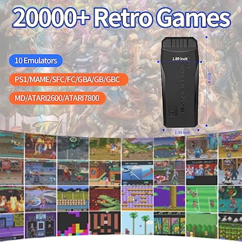 Wireless Retro Game Console, HD Classic Games Stick Built in 10 Emulators with 20000+ Games and Dual 2.4G Wireless Controllers, 4K HDMI Output Video Games for TV, Gift for Adults & Kids