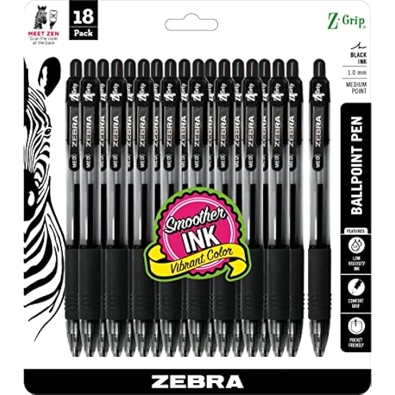 Zebra Pen Z-Grip Retractable Ballpoint Pen, Medium Point, 1.0mm, Black Ink, 18-pack