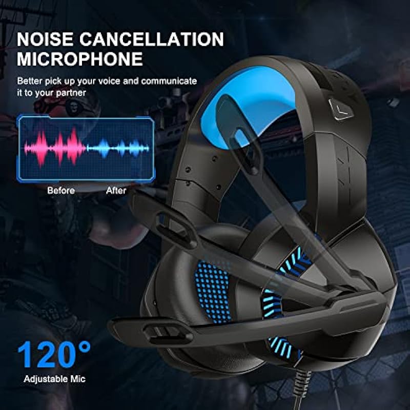 PS4 Gaming Headset with 7.1 Surround Sound, Xbox One Headset with Noise Canceling Mic & LED Light, Over Ear Headphones, Compatible with Nintendo Switch, PC, PS4, Xbox One, Laptop (Black Blue)