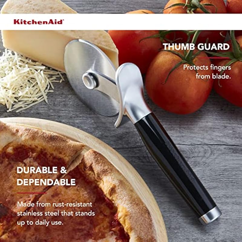 KitchenAid Classic Pizza Wheel with Sharp Blade For Cutting Through Crusts, Pies and More, Built In Finger Guard for Safety and Comfort Grip to Protect Fingers, Dishwasher Safe, 9-Inch, Black