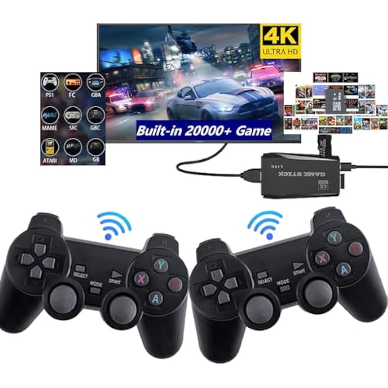 Wireless Retro Gaming Console(64G), Plug & Play Video TV Game Stick with Built-in 9 Emulators, 20,000+ Video Games,4K HDMI Output, Revisit Classic Games with Dual 2.4G Wireless Controllers