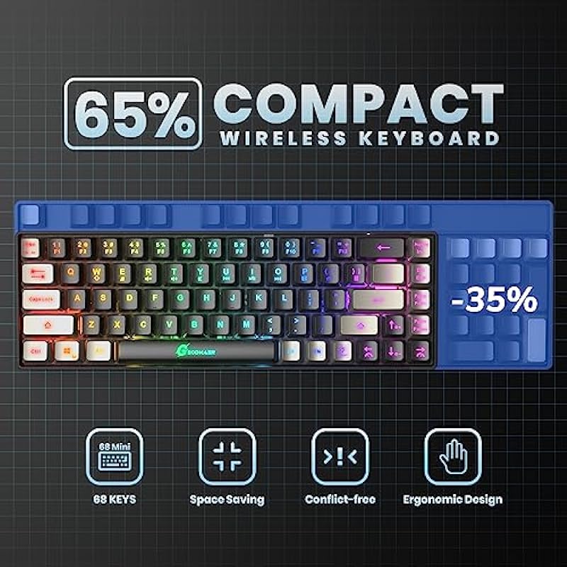 65% Wireless Gaming Keyboard, Rechargeable Backlit Gaming Keyboard, 68 Keys Ultra-Compact Anti-ghosting No-Conflict Wireless Keyboard for PC Laptop PS5 PS4 Xbox One Mac Gamer(Black-Grey)
