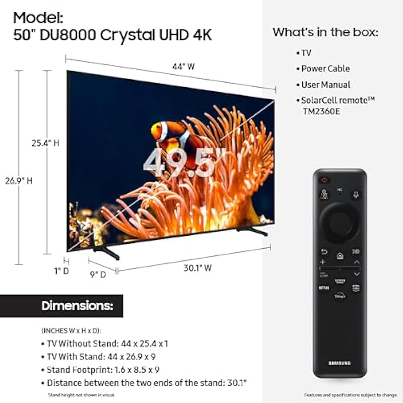 SAMSUNG 50-Inch Class 4K Crystal UHD DU8000 Series HDR Smart TV w/Object Tracking Sound Lite, Motion Xcelerator, Ultra Slim Design, Gaming Hub, Alexa Built-in (UN50DU8000, 2024 Model)