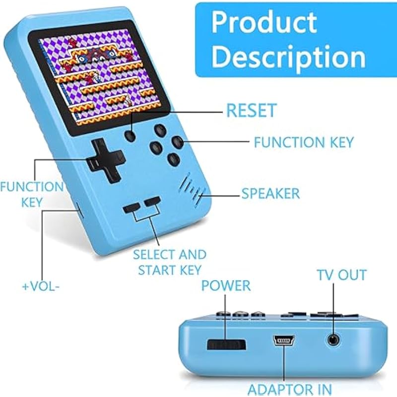 Handheld Game Console, Retro Game Console with 400 Classic FC Games 3.0 Inch Screen 1200mAh Rechargeable Battery Portable Game Console Support TV Connection & 2 Players for Kids Adults（Blue）