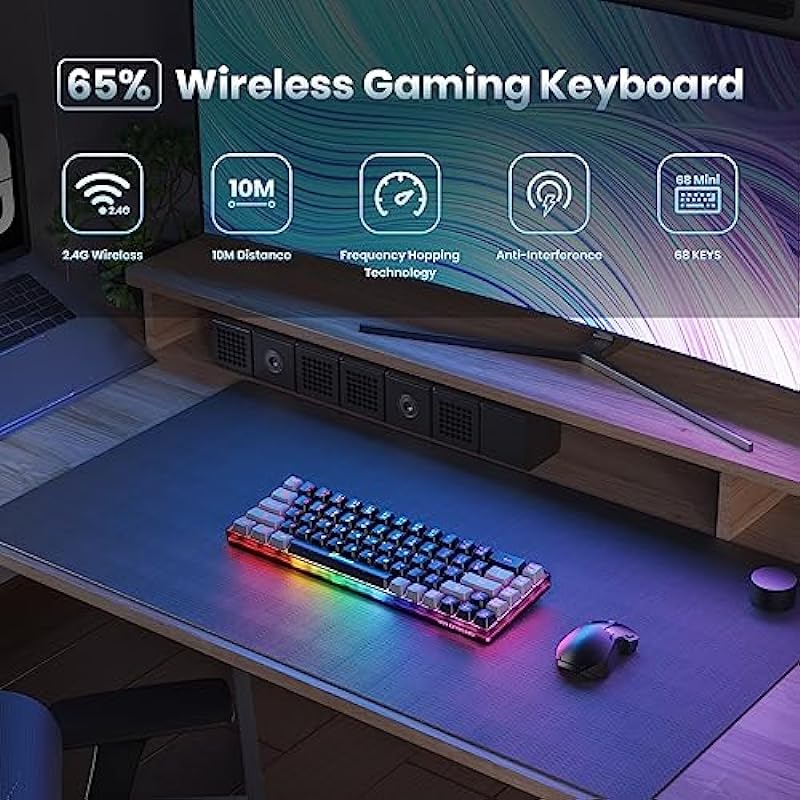 65% Wireless Gaming Keyboard, Rechargeable Backlit Gaming Keyboard, 68 Keys Ultra-Compact Anti-ghosting No-Conflict Wireless Keyboard for PC Laptop PS5 PS4 Xbox One Mac Gamer(Black-Grey)