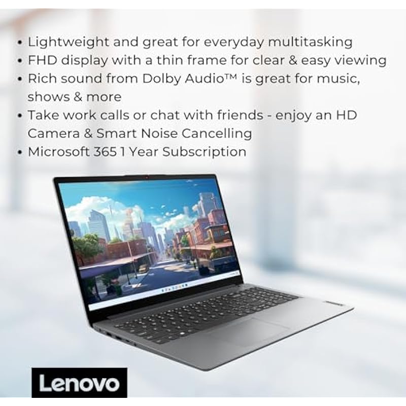 Lenovo IdeaPad 1 Student Laptop, 15.6″ FHD Display, Intel Dual Core Processor, 8GB RAM, 128GB SSD + 128GB eMMC, Wi-Fi 6, Webcam, Bluetooth, 1 Year Office 365, Windows 11 Home, Grey