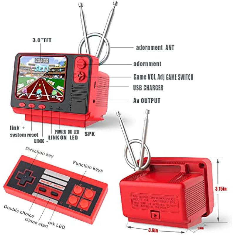 Retro Video Games Console for Kids Adults Built-in 308 Classic Electronic Game 3.0” Screen Mini TV Games Console Support TV Output and USB Charging Birthday Xmas Gift for Boys Girl 4-12 (Red)