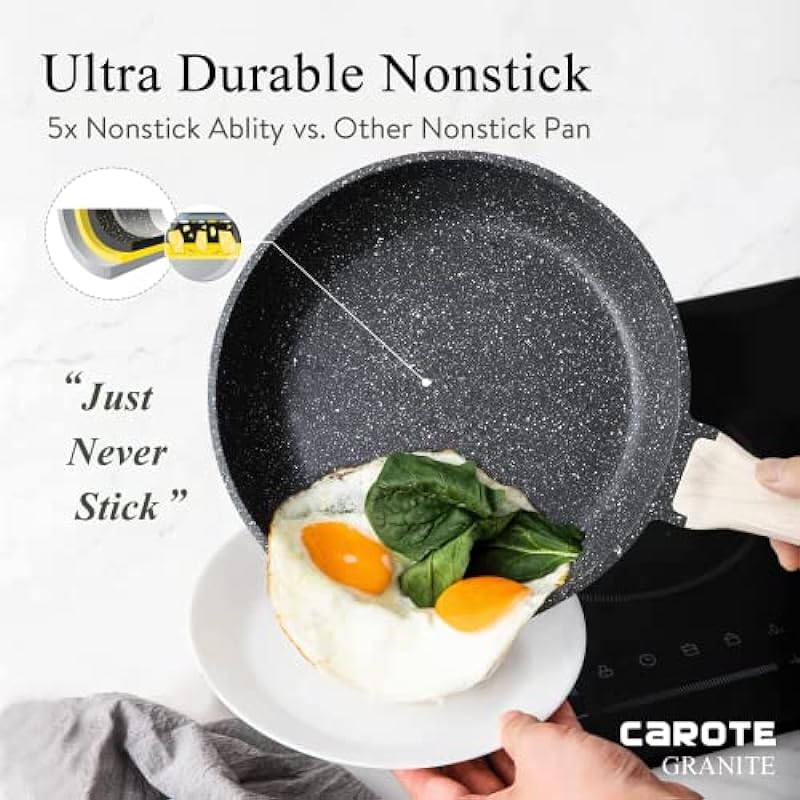 CAROTE Nonstick Frying Pan Skillet,Non Stick Granite Fry Pan Egg Pan Omelet Pans, Stone Cookware Chef’s Pan, PFOA Free,Induction Compatible(Classic Granite, 8-Inch)