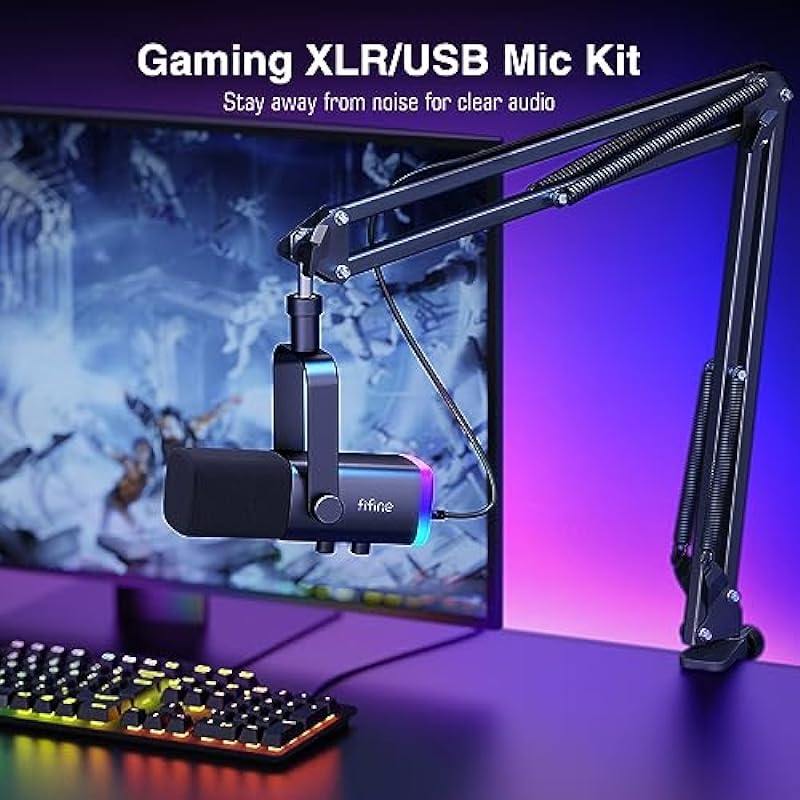 FIFINE XLR/USB Gaming Microphone Set, Dynamic PC Mic for Streaming Podcasting, Computer RGB Mic Kit with Boom Arm Stand, Mute Button, Headphones Jack, for Recording Vocal Voice-Over-AmpliGame AM8T
