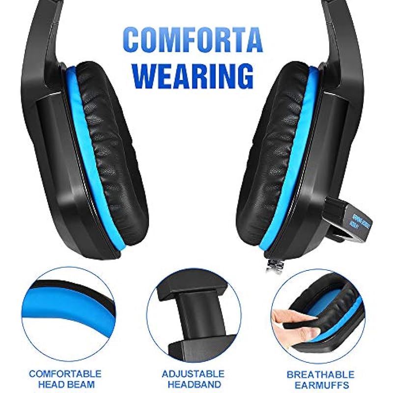 PHOINIKAS Gaming Headset, PS5 Headset for PS4, Xbox One, PC, Laptop, Nintendo Switch, Over Ear Headphones Noise-Cancelling Mic, Bass Surround, Gift for Kids – Blue