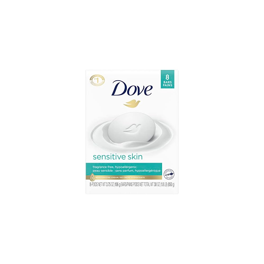 Dove Beauty Bar More Moisturizing Than Bar Soap for Softer Skin, Fragrance Free, Hypoallergenic Sensitive Skin With Gentle Cleanser, 3.75 Ounce (Pack of 8)