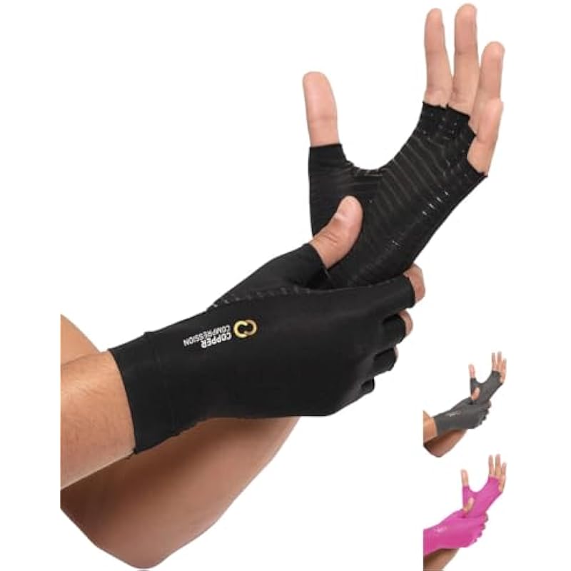 Copper Compression Arthritis Gloves | Fingerless Arthritis Carpal Tunnel Pain Relief Gloves For Men & Women | Hand Support Wrist Brace For Rheumatoid, Tendonitis, Swelling, Crocheting, Typing (M)