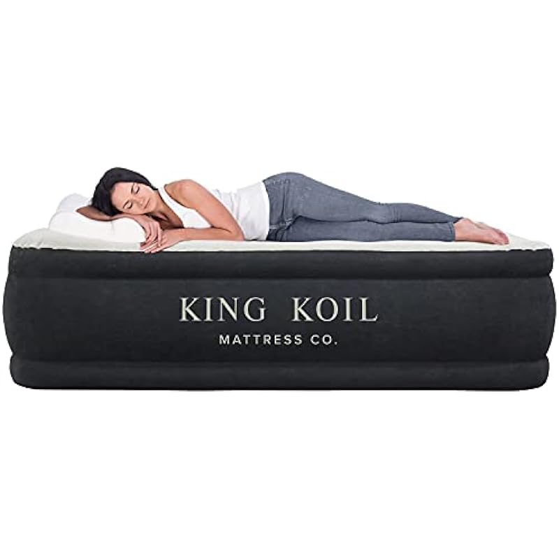 King Koil Pillow Top Plush Queen Air Mattress With Built-in High-Speed Pump Best For Home, Camping, Guests, 20″ Queen Size Luxury Double Airbed Adjustable Blow Up Mattress, Waterproof, 1-Year Warranty