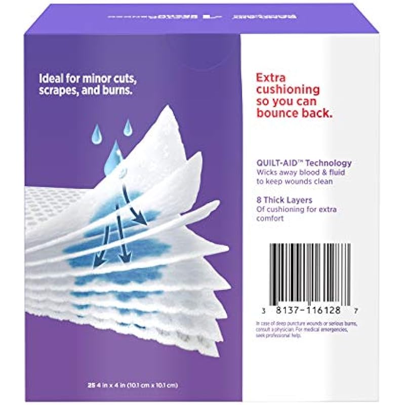 Band-Aid Brand Absorbent Cushion Care Sterile Square Gauze Pads for First Aid Protection of Minor Cuts, Scrapes & Burns, Non-Adhesive, Wound Care Dressing Pads, Large, 4 in x 4 in, 25 ct