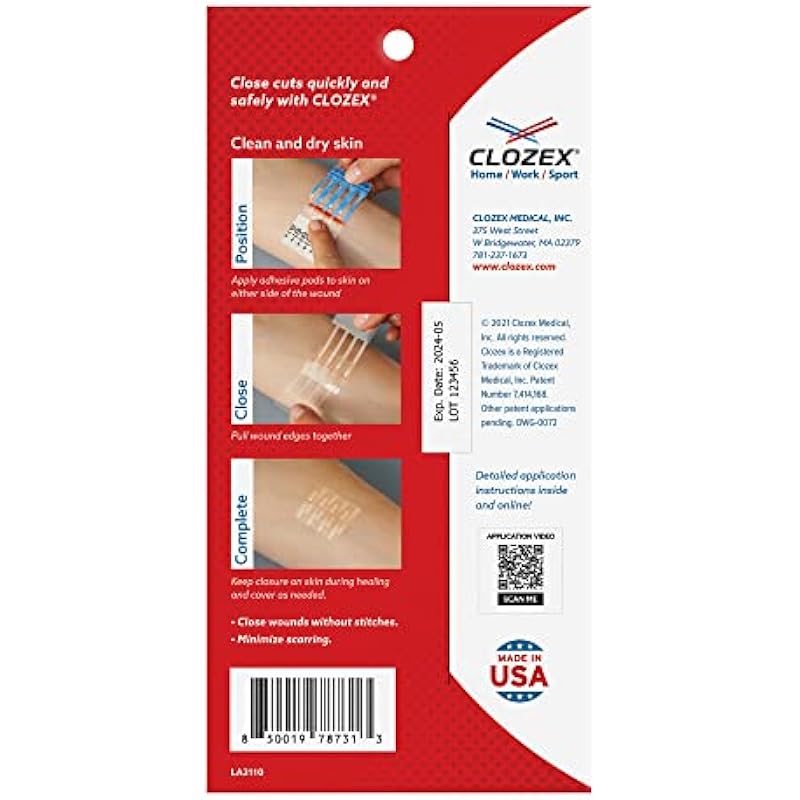 Clozex Emergency Laceration Closures – Repair Wounds Without Stitches. FDA Cleared Skin Closure Device for 3 Individual Wounds Or Combine for Total Length of 4 1/4 Inches.