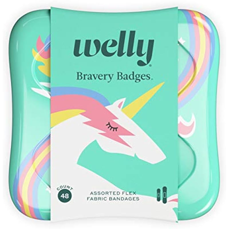 Welly Bandages | Adhesive Flexible Fabric Bravery Badges | Assorted Shapes for Minor Cuts, Scrapes, and Wounds | Colorful and Fun First Aid Tin | Unicorn Patterns – 48 Count