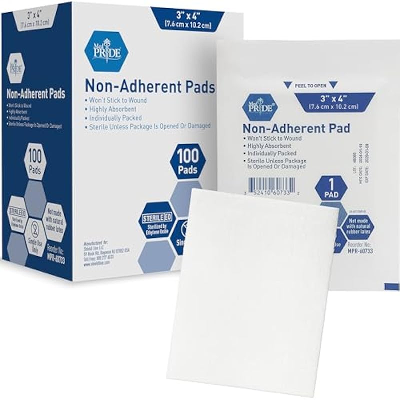 MED PRIDE Sterile Non-Adherent Pads| 100-Pack, 3″x 4″| Non-Adhesive Wound Dressing| Highly Absorbent & Non-Stick, Painless Removal-Switch| Individually Wrapped for Extra Protection