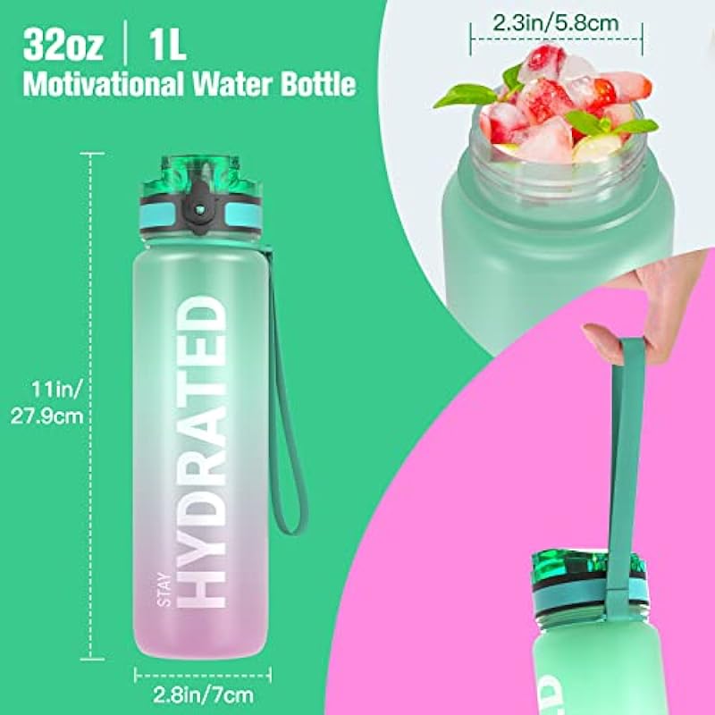 Sahara Sailor Water Bottles, 32oz Motivational Sports Water Bottle with Time Marker – Times to Drink – Tritan, BPA Free, Wide Mouth Leakproof, Fast Flow Technology with Clean Brush (1 Pack)