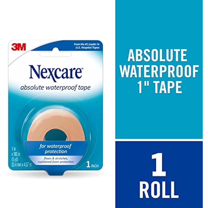Nexcare Absolute Waterproof Tape, Flexible Foam Medical Tape, Secures Dressing and Keeps Wounds Dry – 1 In x 5 Yds, 1 Roll of Tape