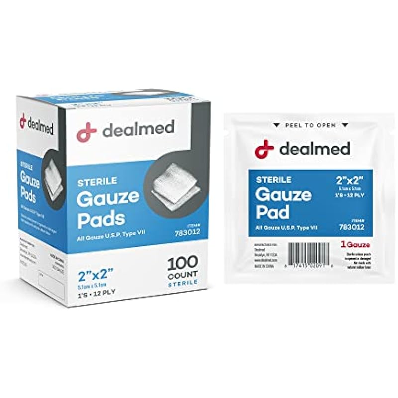 Dealmed Sterile Gauze Pads – 100 Count, 2’’ x 2’’ Disposable and Individually Wrapped Gauze Pads, Wound Care Product for First Aid Kit and Medical Facilities