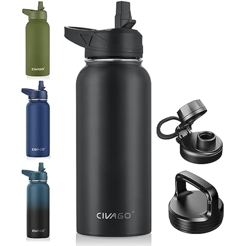 CIVAGO 32 oz Insulated Water Bottle With Straw, Stainless Steel Sports Water Cup Flask with 3 Lids (Straw, Spout and Handle Lid), Wide Mouth Travel Thermal Mug, Black