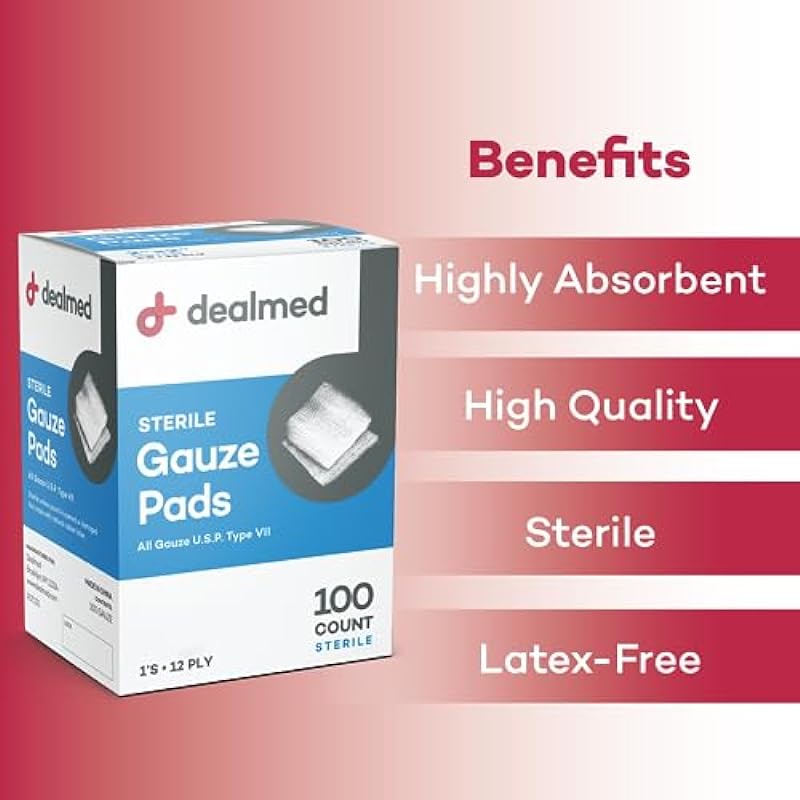 Dealmed Sterile Gauze Pads – 100 Count, 2’’ x 2’’ Disposable and Individually Wrapped Gauze Pads, Wound Care Product for First Aid Kit and Medical Facilities