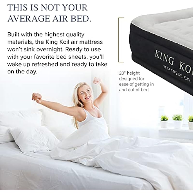 King Koil Pillow Top Plush Queen Air Mattress With Built-in High-Speed Pump Best For Home, Camping, Guests, 20″ Queen Size Luxury Double Airbed Adjustable Blow Up Mattress, Waterproof, 1-Year Warranty