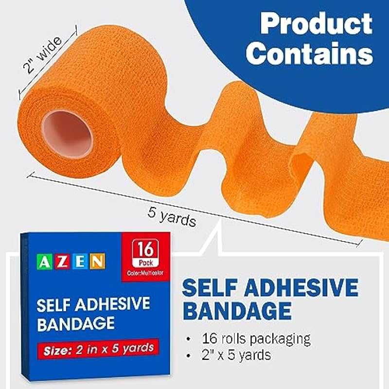 AZEN 16 Pack Self Adhesive Bandage Wrap, 2″ X 5 Yards Elastic Cohesive Bandage Wrap, Color Athletic Tape, Vet Wrap, Ankle Tape, Tattoo Grip Tape Wrap