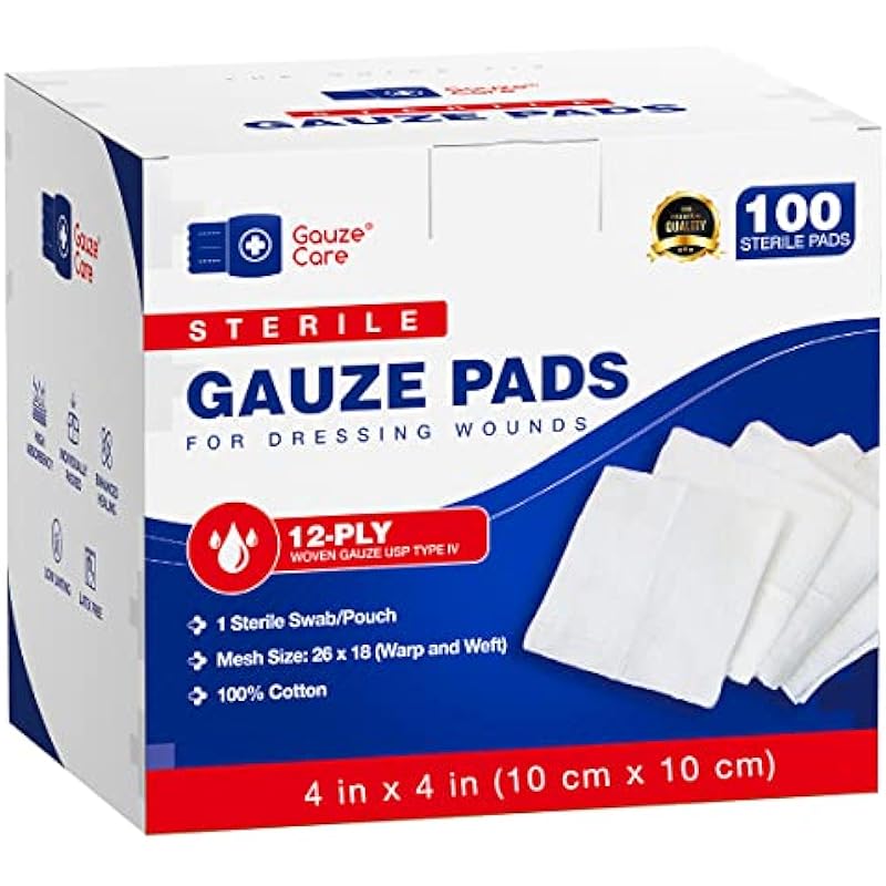 100pc Large Sterile Gauze Pads 4×4 Sterile for Wounds Bulk – 12ply Woven Gauze Sponges 4×4 Sterile – USP IV Breathable Mesh 4×4 Gauze Pads Sterile for Enhanced Absorption – First Aid Medical