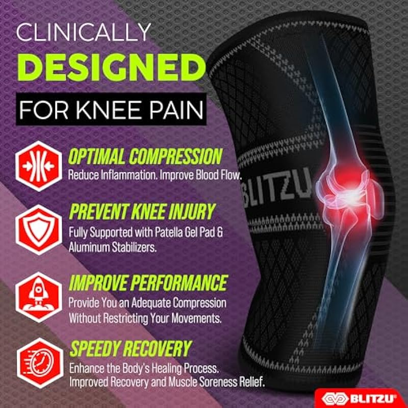 BLITZU Knee Braces for Knee Pain Women & Men – 2 Pack Set, Knee Brace Compression Sleeve for Knee Pain Meniscus Tear, ACL & Arthritis Pain Relief – Knee Sleeves Black L