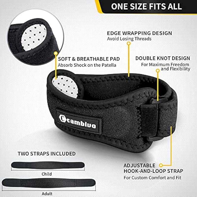 CAMBIVO 2 Pack Knee Braces for Knee Pain, Patella Knee Support Strap, Adjustable Patellar Tendon Stabilizer Band for Jumpers Knee, Tendonitis, Basketball, Running, Hiking, Volleyball, Tennis, Squats