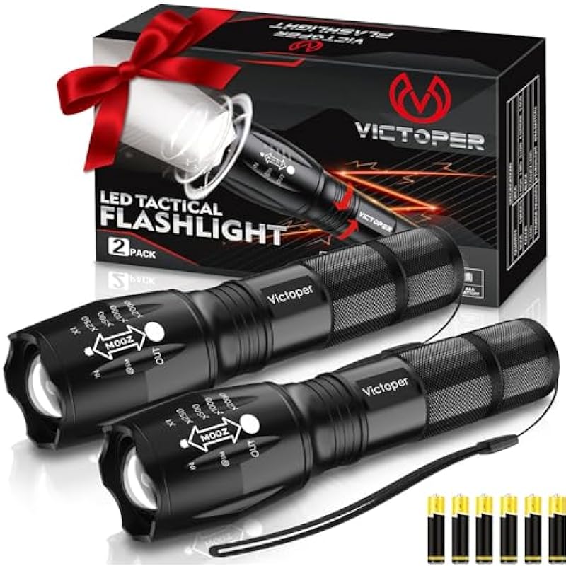 Victoper LED Flashlight 2 Pack, Bright 2000 Lumens Tactical Flashlights High Lumens with 5 Modes, Waterproof Focus Zoomable Flash Light for Outdoor, Gifts for Birthday for Men Women Adults