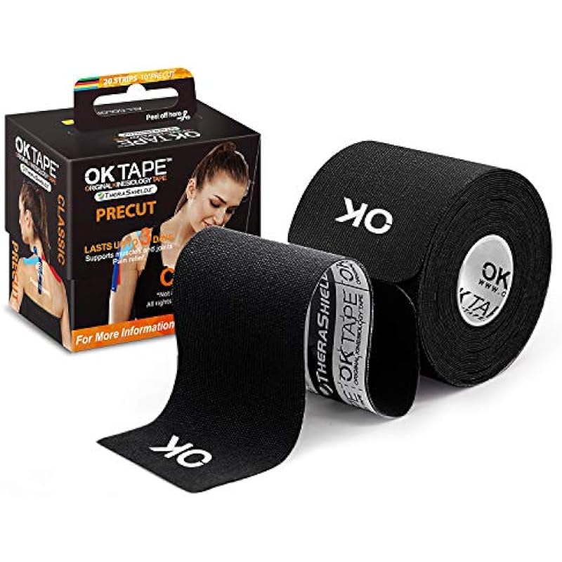OK TAPE Kinesiology Tape 10 inches Precut, 20 Strips, Cotton Elastic Athletic Tape Latex Free, 2inch x 16ft, Black