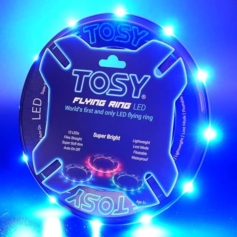 TOSY Flying Ring – 12 LEDs, Super Bright, Soft, Auto Light Up, Safe, Waterproof, Lightweight Frisbee, Cool Birthday, Camping, Easter Basket Stuffers & Outdoor/Indoor Gift Toy for Boys/Girls/Kids