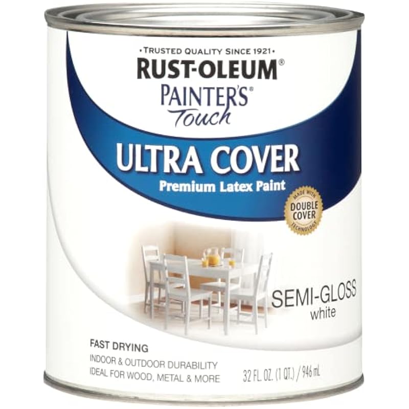 Rust-Oleum 1993502 Painter’s Touch Brush Multi-Purpose Enamel Paint, 1 Quarts (Pack of 1), Semi-Gloss White, 32 Fl Oz