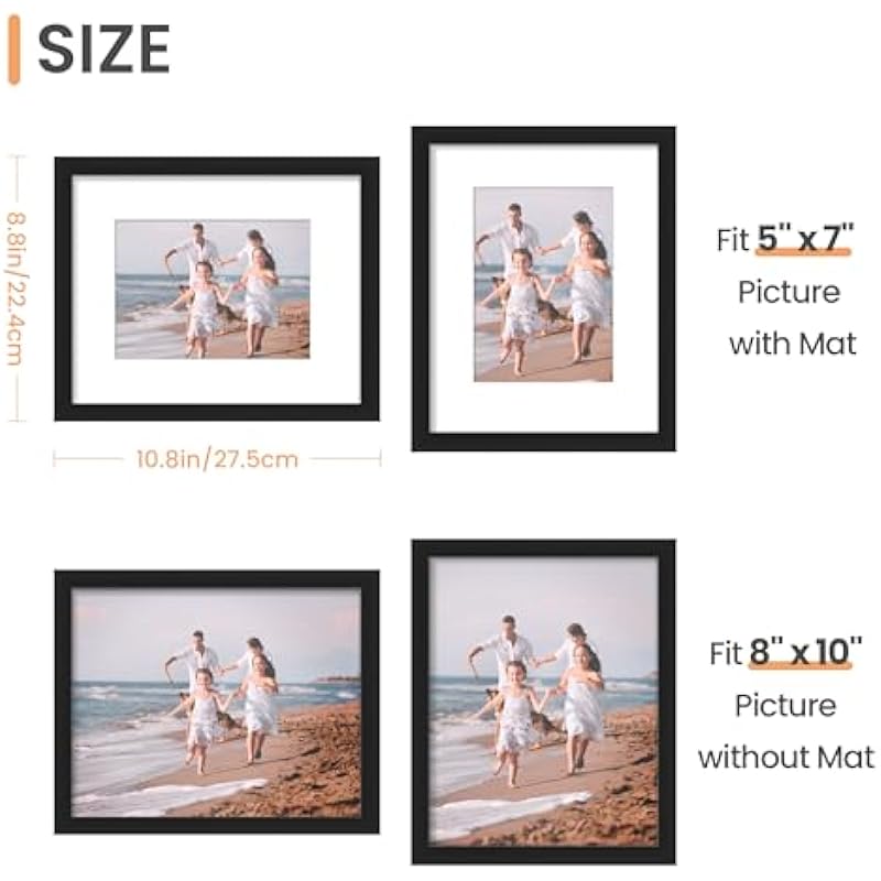 upsimples 8×10 Picture Frame, Display Pictures 5×7 with Mat or 8×10 Without Mat, Wall Hanging Photo Frame, Black, 1 Pack