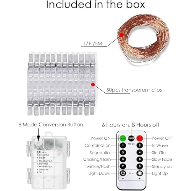 LECLSTAR 50 LED Photo Clips String Lights, 17ft with Remote – 8 Modes Fairy Lights to Clip on Pictures, Photos, Cards