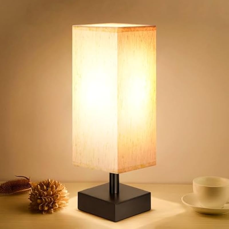 Small Table Lamp for Bedroom – Bedside Lamps for Nightstand, Minimalist Night Stand Light Lamp with Square Fabric Shade, Desk Reading Lamp for Kids Room Living Room Office Dorm