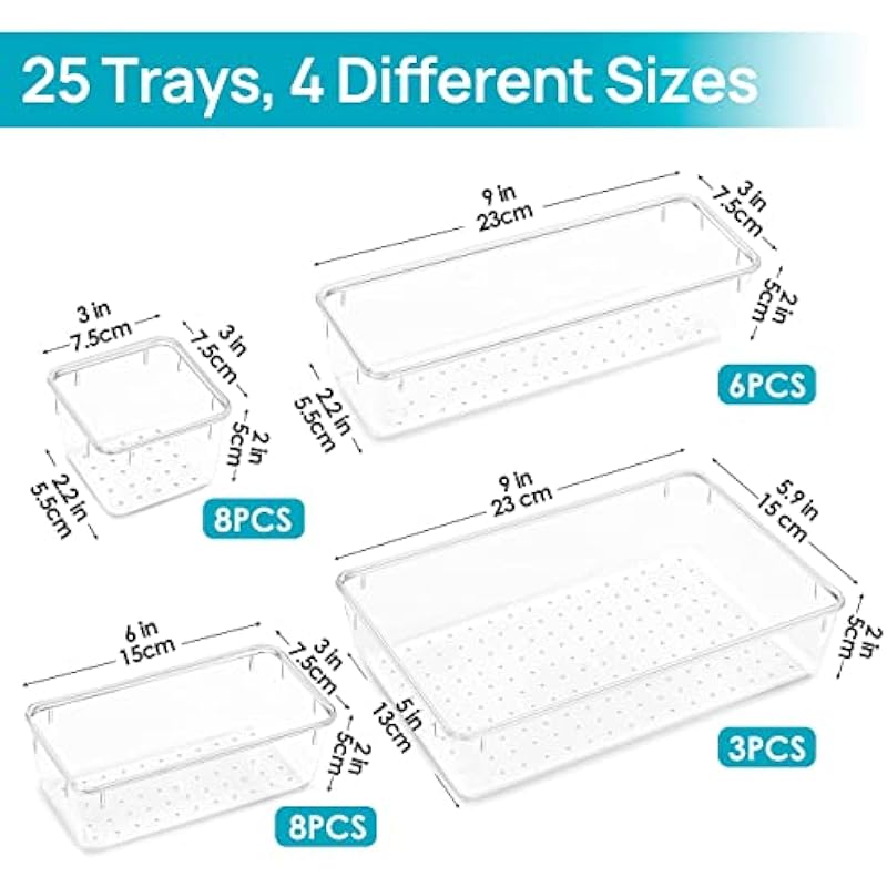 Vtopmart 25 PCS Clear Plastic Drawer Organizers Set, 4-Size Versatile Bathroom and Vanity Drawer Organizer Trays, Storage Bins for Makeup, Bedroom, Kitchen Gadgets Utensils and Office