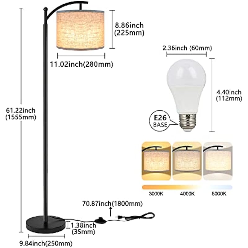 Floor Lamp for Living Room with 3 Color Temperatures LED Bulb, Standing Lamp Tall Industrial Floor Lamp Reading for Bedroom, Office (9W LED Bulb, Beige Lampshade Included) -Black